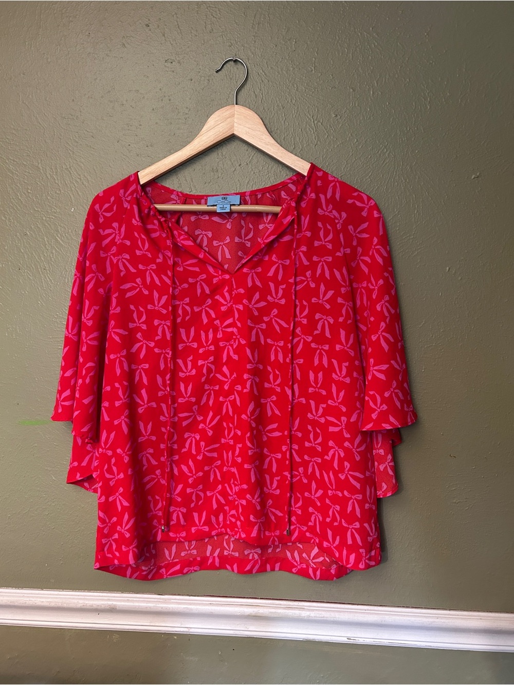 CeCe Red and Pink feminine coquette whimsical indie Twee Bow print blouse